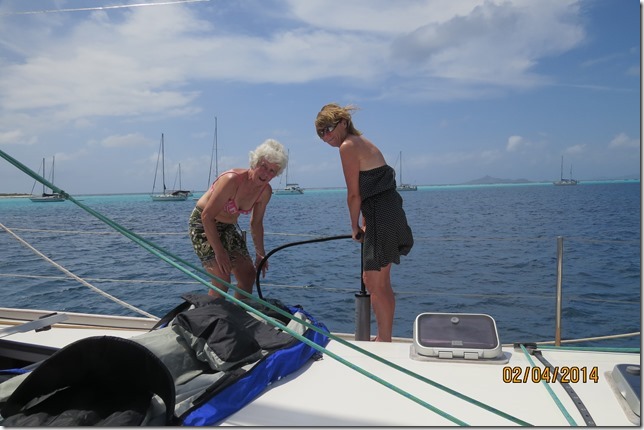Venetia and Tessa blowing up the Kayak
